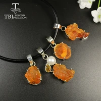 tbjnatural fire opal pendant handmade gemstone fine jewelry 925 sterling silver leather chord necklace for women best gift