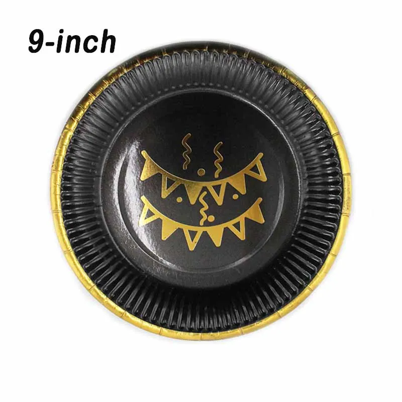 Plates 9-inch 10pcs Черные тарелки, салфетки для стаканчиков, соломинки, Свадебные Декорации для взрослых, юбилей, дней рождения, вечеринок, одноразовые столовые приборы в Золотой горошек - Цвет: Plates 9-inch 10pcs
