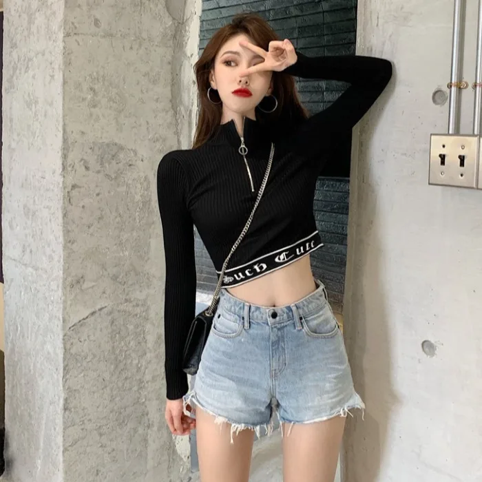 Женская Корейская версия трикотажной рубашки на молнии с полувысоким воротником