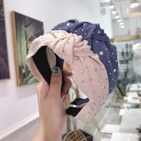 new fashion womens wide brimmed mid knot headband mixed pearl rhinestones decorated mid knot hairband headgear hair accessories