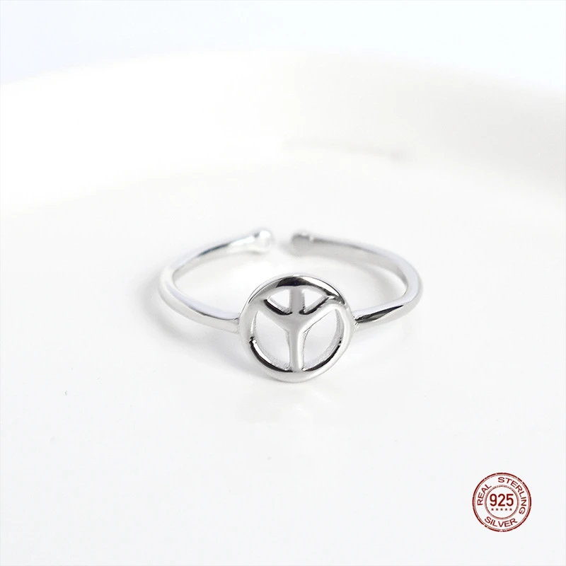 

LKO Real 925 Sterling Silver Simple Peace Sign Opening Ring For Women Party Jewelry Lovely Girl Ring Adjustable Accessories Gift