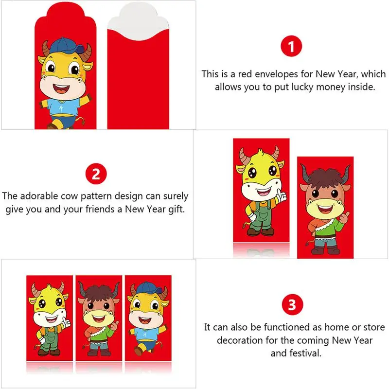 

24pcs/ 4 Pack 2021 New Year Money Pouches Cartoon Ox Zodiac Red Envelopes