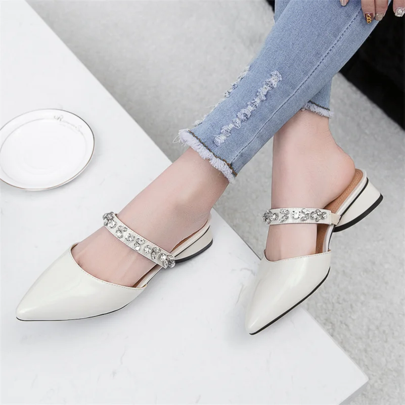 

COOLULU Pointed Toe Mules Shoes Women Patent Leather Med Heels Crystal Blcok Heel Dress Pumps Female Footwear Spring Big Size 42