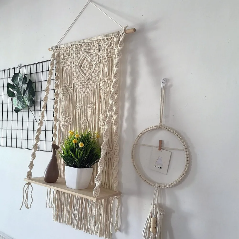 

Creative Bohemian Macrame Tapestry Rack Hand-woven Wall Hanging Flower Storage Wooden Shelf Room Decor Gift