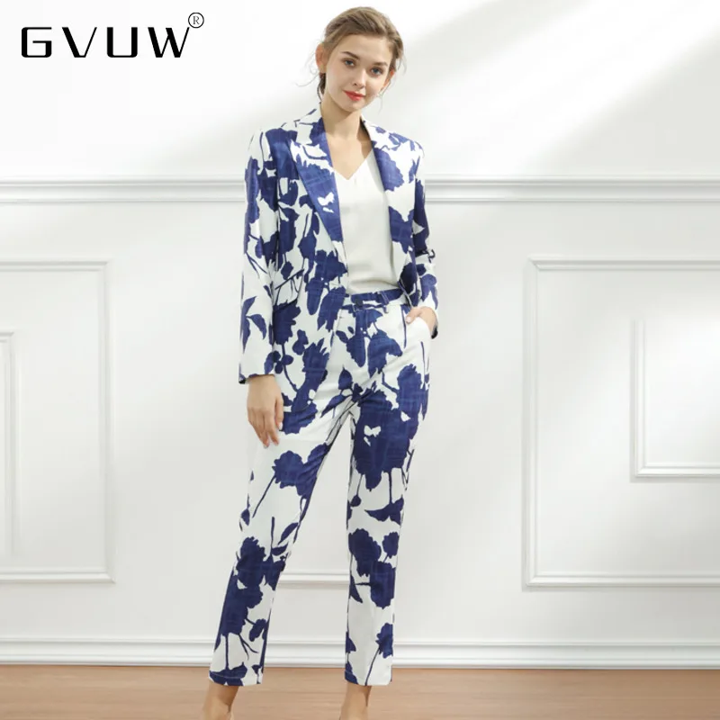 

GVUW New Long V-neck Single Button Blazer Printing Women Two-piece Women's Elegant Suit Pants And Jacket Chic Set 13C969