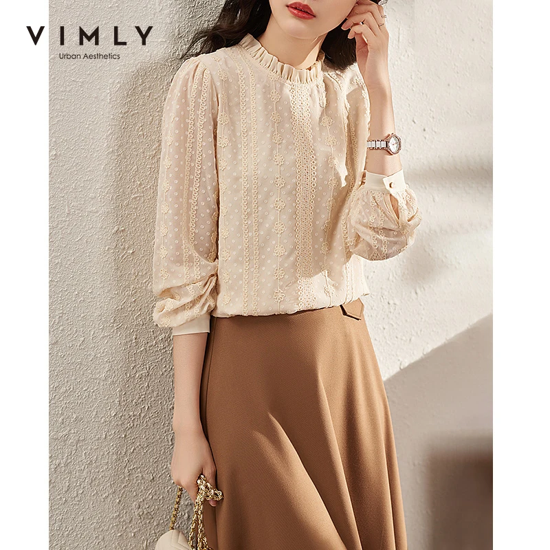 

VIMLY Chiffon Shirt Women's Autumn 2021 Office Lady Fashion Long Sleeve Lace Blouse Elegant White Shirts Women Clothes F8735