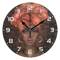 african women printed round wall clock battery operated silent non ticking wall watch for bedroom living room home decoration