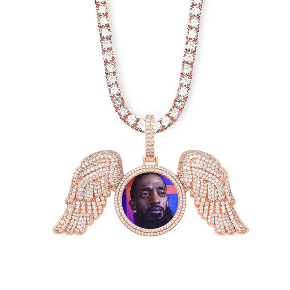 

2020 Hot Sale Custom Picture Photo Angle Wings Pendant Necklace Bling Cubic Zirconia with Tennis Chains Big Size Hip hop Jewelry