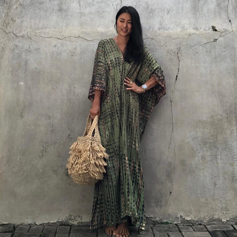

FAKUNTN 2021 Bohemian Printed Women Beach Dress Bathing Suit Cover Up Summer Tunic For Woman Beachwear Robe de plage Kaftan