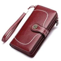 women long genuine cow leather wallets vintage oil wax purse multi functional clutch phone card holder high quality handbag 7 5
