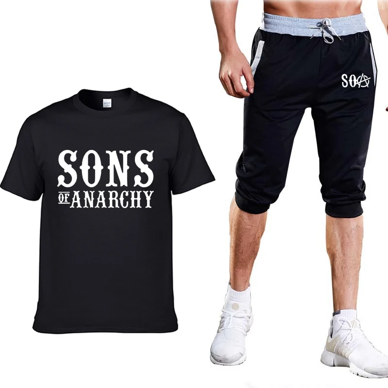

2020 Summer SOA Sons of Anarchy Cosplay Costume Mens T-shirt SONS Print Cotton Short sleeve Men's T Shirts+pants suit