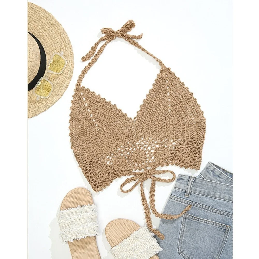 

Triangle Bikini Top Woman Hollow Out Swimsuit Crochet Sexy Halter Swimming Bra Large Female Swimwear 6 Colors