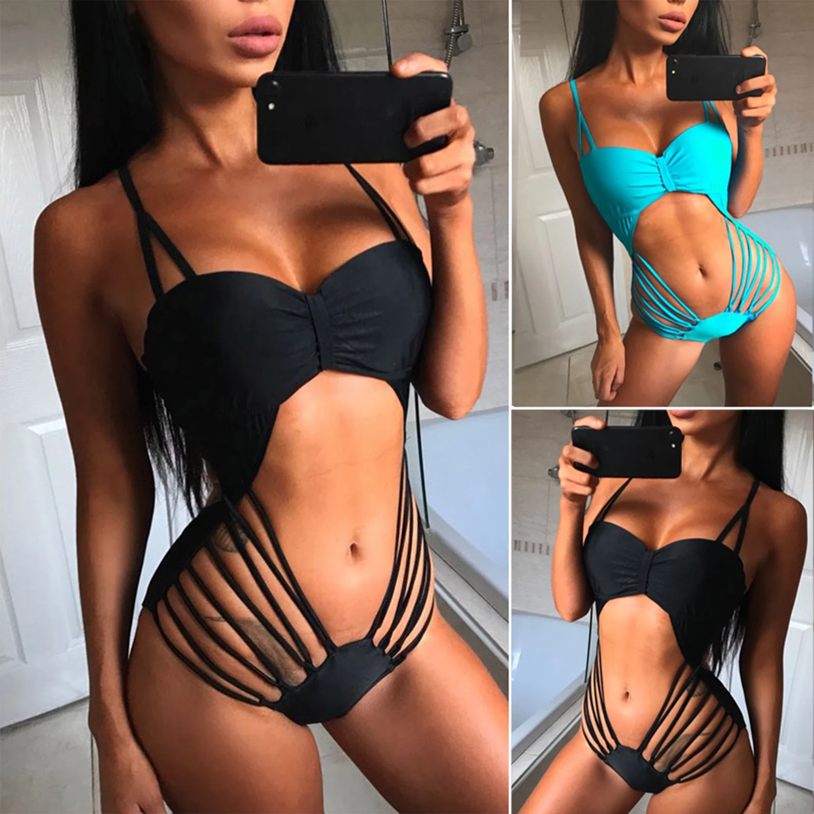 

Woman's Sexy Hollowed-out One-piece Swimsuit Solid Color Lace-up Pleated Backless Elastic Slim Sling Bikini Beachwear