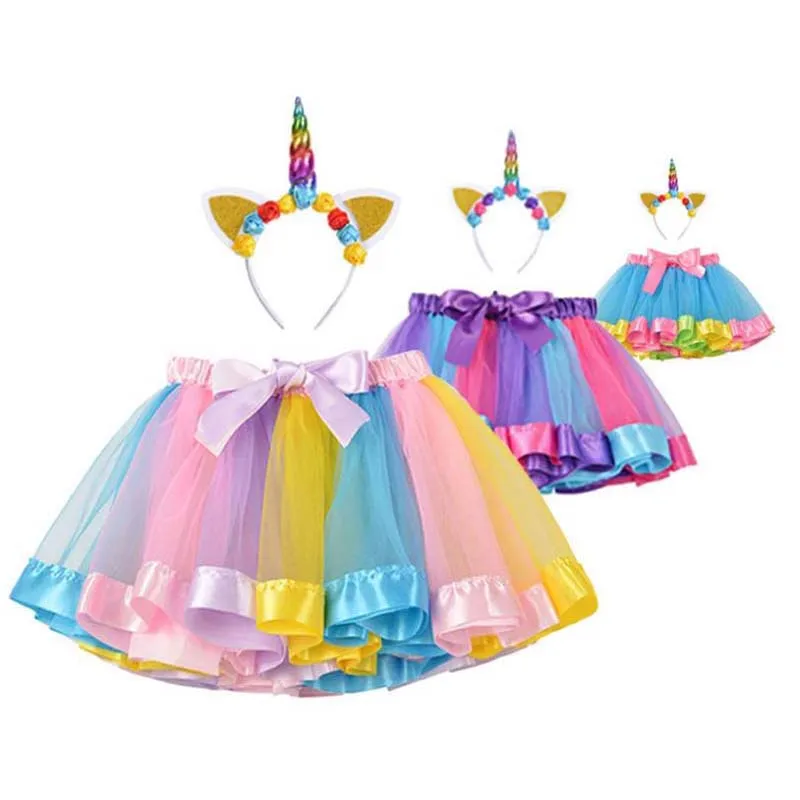 Радужные юбки + повязка на голову с единорогом балетные танцевальные для девочек