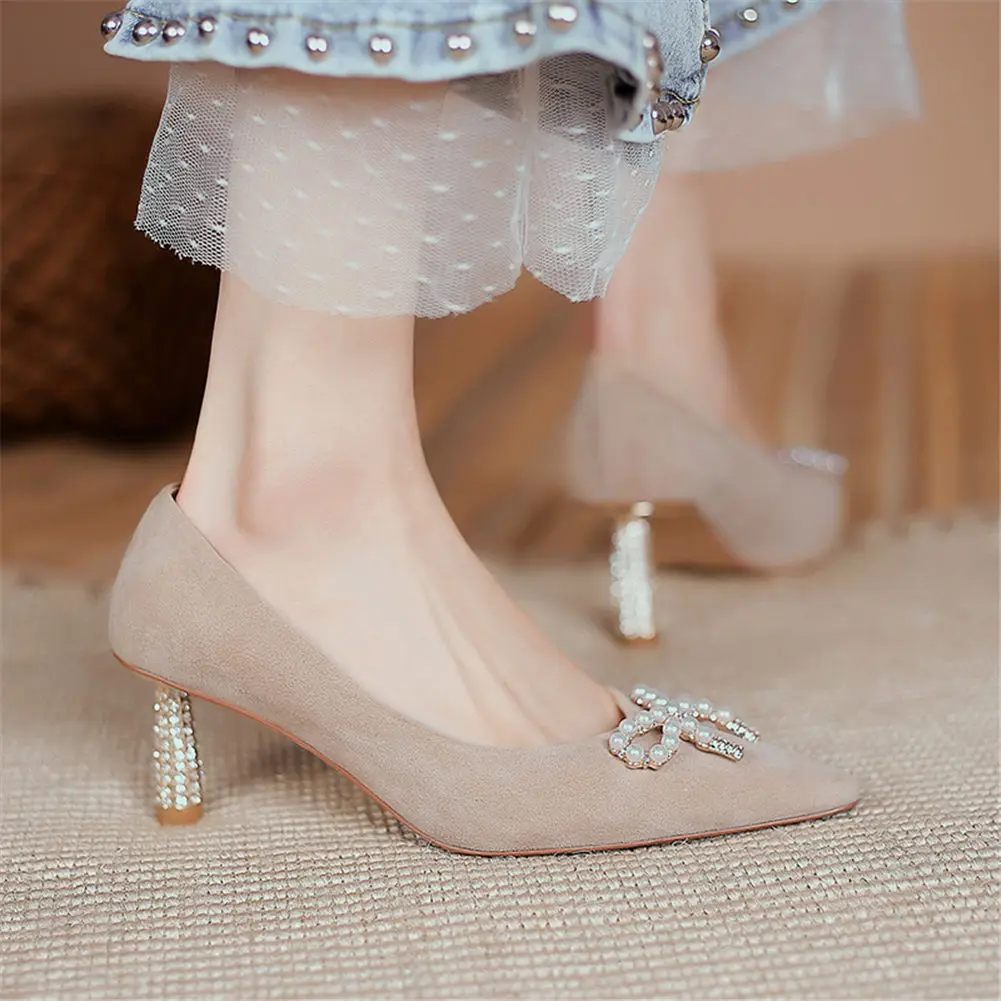 

BONJOMARISA Fashion Girls Pointed Toe Bowknot Pearl Slip On Pumps Spring Summer High Heels Flock Pumps Women Party Shoes Woman