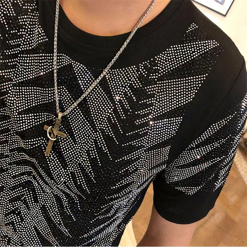 

European fashion new rhinestone men's T-shirt short sleeve shirt best selling high quality T-shirt men
