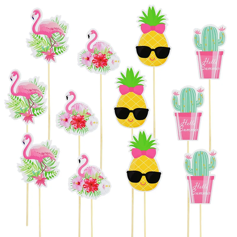 

12pcs/13pcs Flamingo Cake Cupcake Topper Dessert Top Paper Flags For Summer Beach Party Hawaii Birthday Cake Decoration Supplies