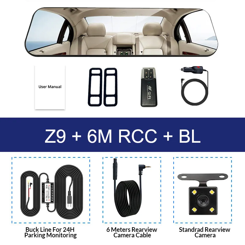 Z9-6M RCC-BL Автомобильная Dvr камера, зеркало заднего вида, 4,3 дюймов, Белое Зеркало, тире, камера в автомобиле, видео камера, Full Hd, двойной объектив, Регистрационная видеокамера - Название цвета: Z9-6M RCC-BL