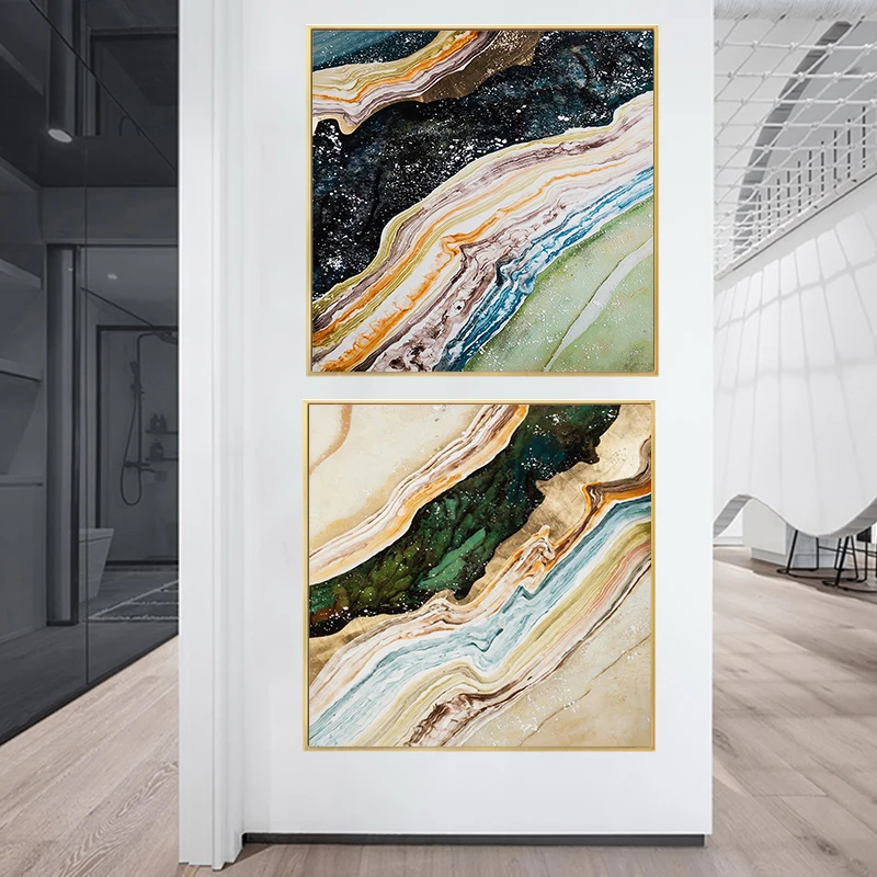 Абстрактные геометрические картины из голубого и коричневого мрамора на холсте