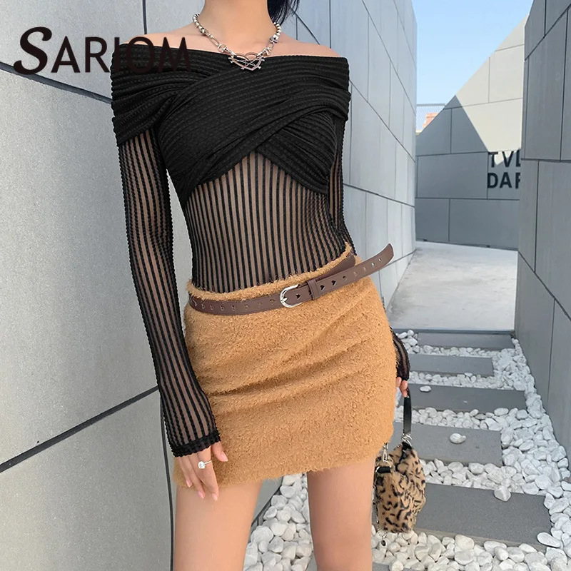 

Sexy Off Shoulder Long Sleeve Mesh Bodysuit Women Skinny Bodycon Cross Bandage Black White Body Suits for Women Jumpsuit