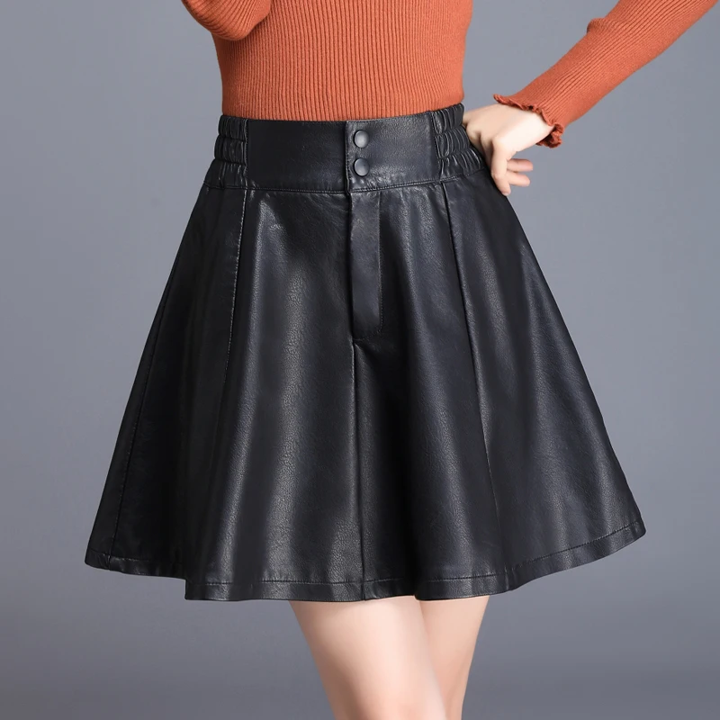 

Spring Autumn Women Black Leather Skirt Fashion Short High Waist Skirts Womens Faux Leather Elastic Waist Skirt