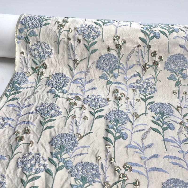 

140cm Width Creamy Blue Stereo Brocade Jacquard Mixed Woven Bright Silk Garment Fabric DIY