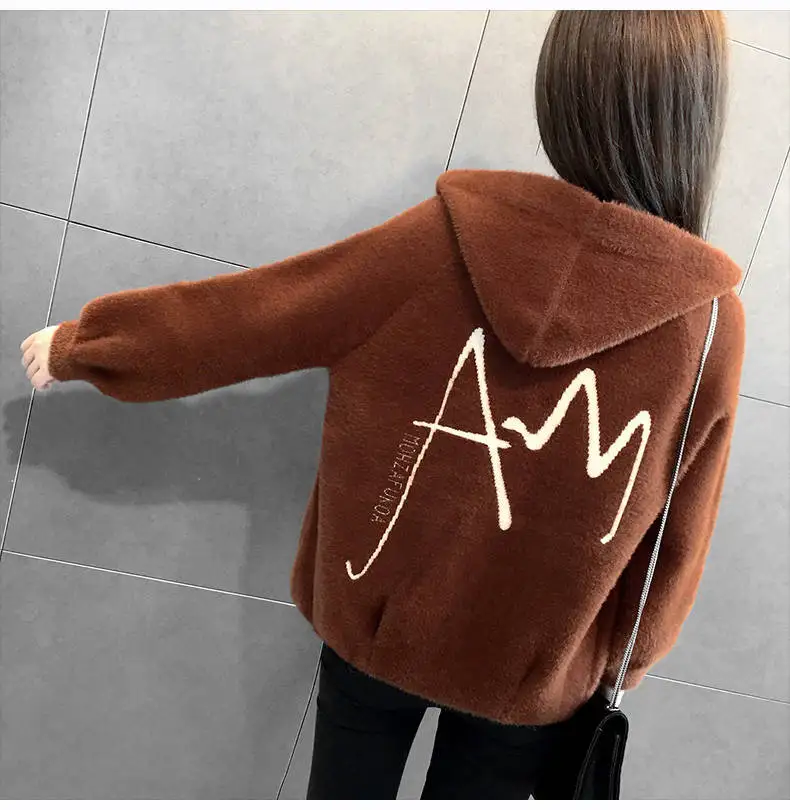 Women Mink Fur Jacket Autumn Winter Women Coat Loose Embroidered Thick Velvet Hooded Sweater Female Cardigan