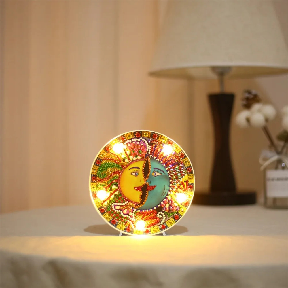 Christmas Hot Sale Round Circle Animal Mandala Landscape Diy Diamond Painting Led Light Lamp On The Table Round Shinny Beads