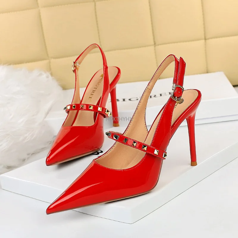 

Женские босоножки на высоком каблуке 2021 см, босоножки с ремешком на пятке, женские фетиш туфли с заклепками для выпускного, босоножки-гладиа...