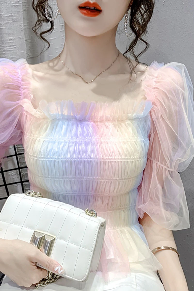 

Women Chiffon Shirt 2021 Summer New Design Mesh Bubble Sleeve Sweet Tops Lady Slim