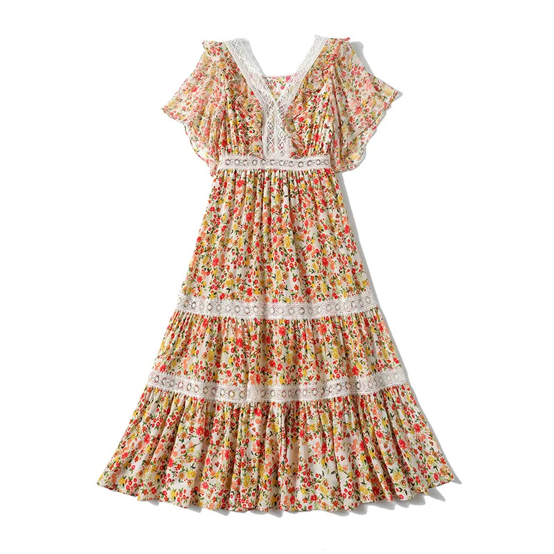 

Gezelligheid Dresses For Women 2021 Fashion Summer Slim Elegant Sexy Party Short Sleeve Print Lace 100% Natural Silk Midi Dress