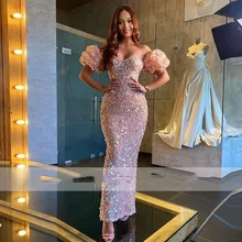 Robe de soirée longue rose à paillettes, épaules dénudées, manches courtes, tenue de bal, 2021  (3)