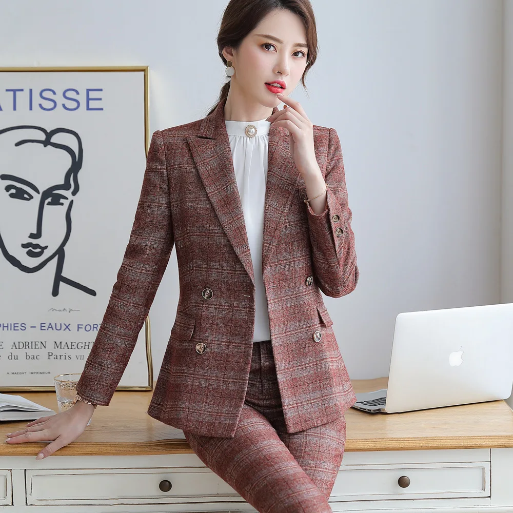Клетчатые брюки костюм размера плюс элегантные комплект для офиса Дамский стиль