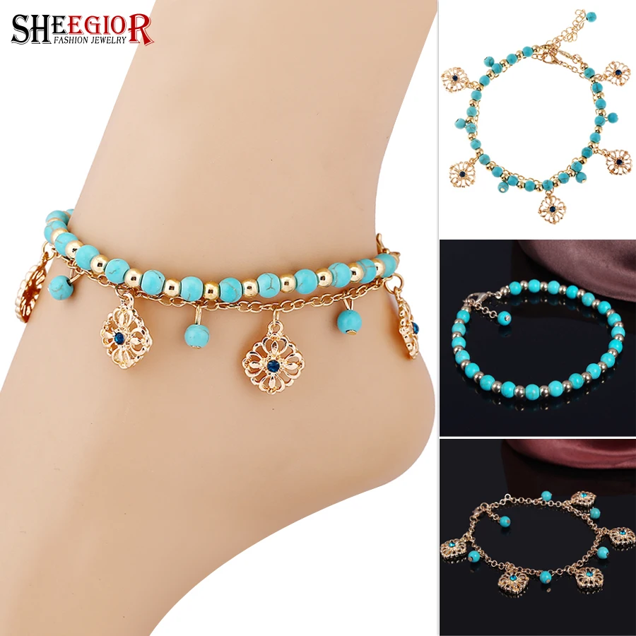 

Double-deck Chains Anklet Foot Chain Turquoises Anklets for Women Accessories Barefoot Sandals Rose Anklet Foot Bracelet Jewelry