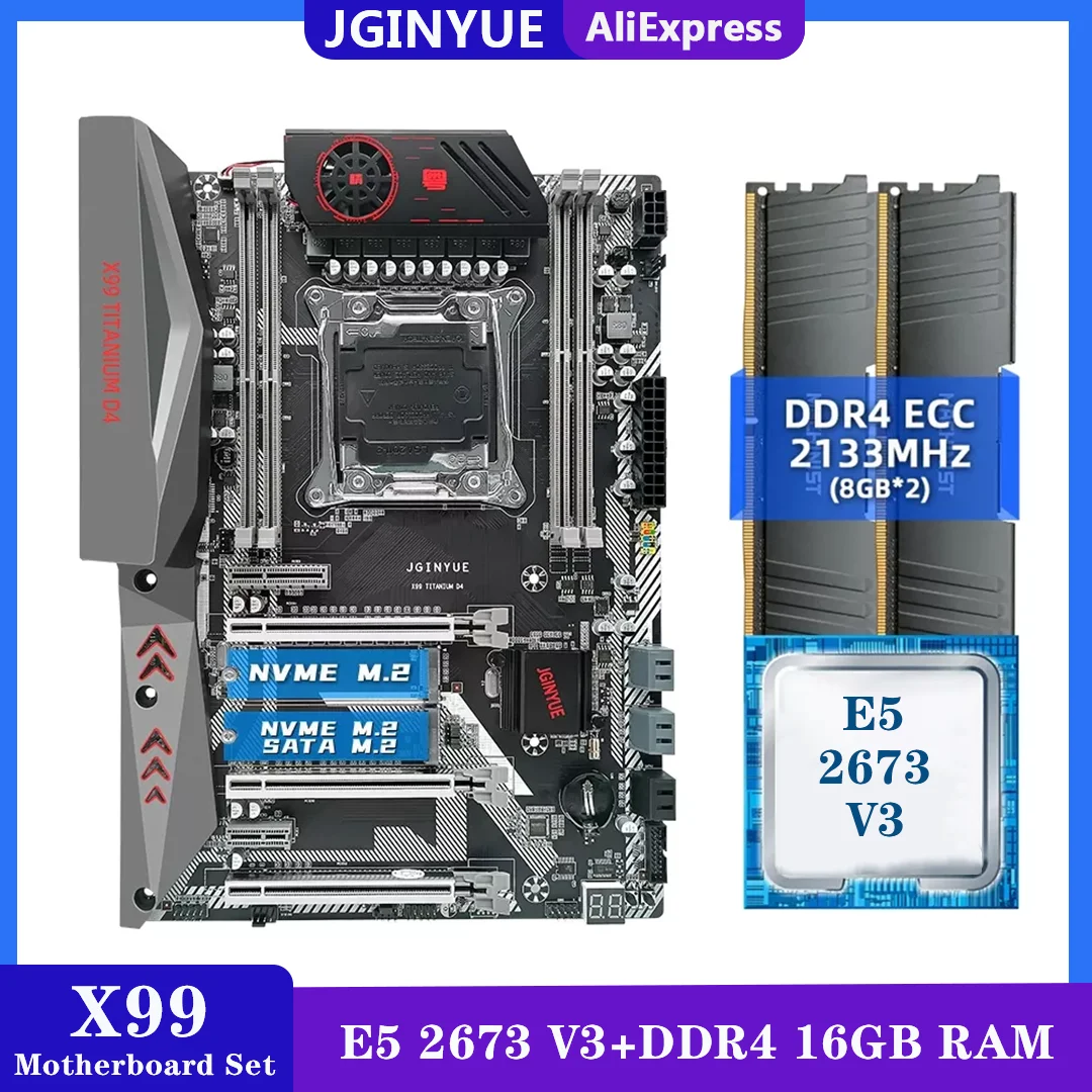 JINGYUE-Conjunto de placa base X99 LGA 2011-3 con procesador E5 2673 V3, 16GB(8G x 2), memoria DDR4 ECC, M.2, SATA, M.2, NVME, USB3.0, ATX, D4