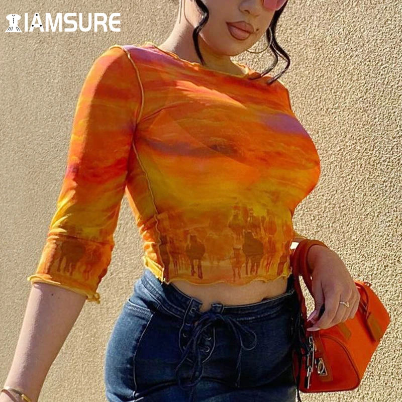 

IAMSURE Sexy Slim Mesh T Shirt Women See Through Printed Long Sleeve Crop Top 2021 Fashion Casual Streetwear Y2K O-Neck Tees 90S