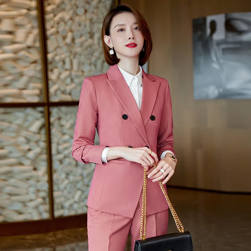 

Plus Size 4XL Fall Winter Women Blazer And Pants 2 Piece Suit OL Styles Pink Jacket Coat Blaser Formal Professional Trouser Suit