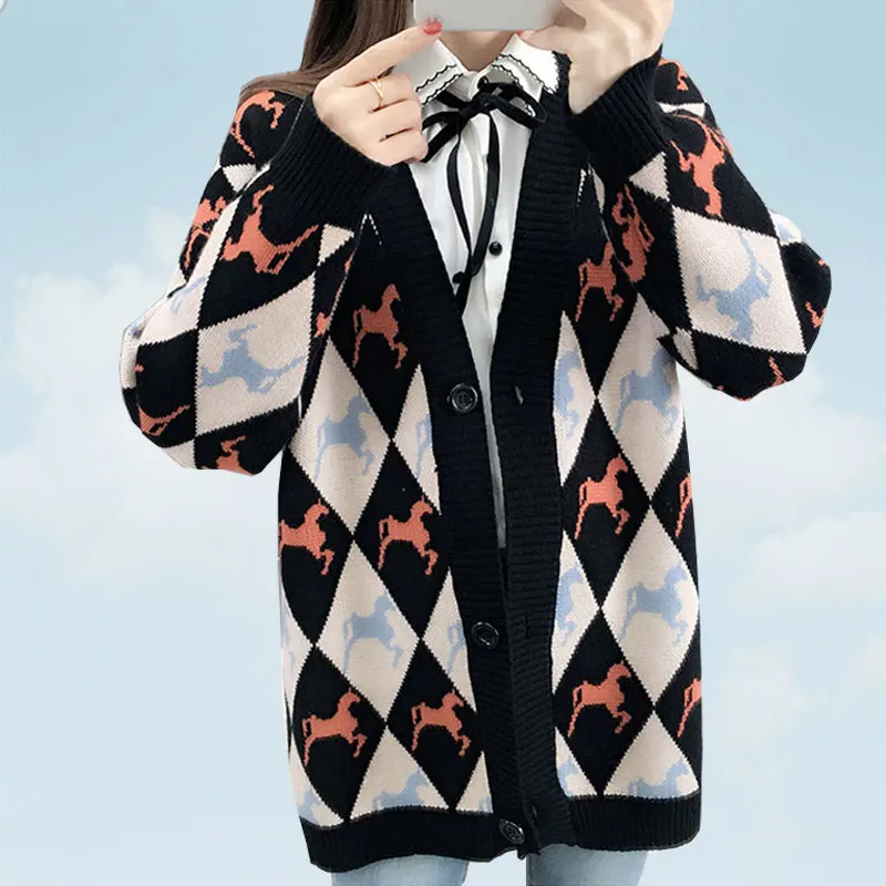 2019 New Spring Autumn Female Loose Student Sweater Cardigan Lattice Printed Single Breasted Color matching Knitting Women SS513 |