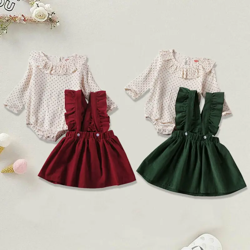 

0-24M Baby Girls Clothing Ruffles Dotted Long Sleeve Romper+Strap Dress Spring Autumn Outfit Clothes 2Pcs Sets