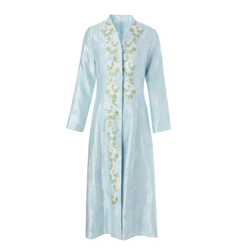 Элегантные Синие желтые длинные кардиганы пальто Женская Роскошная вышивка