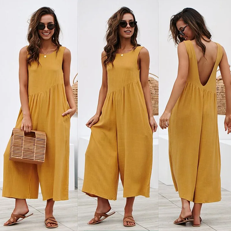 

Women's Summer Loose Vest Sleeveless Halter Jumpsuit Round Neck Casual Nine-Point Pants Beach Style