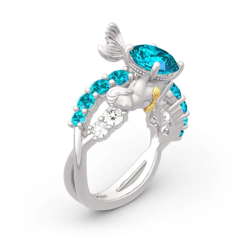 

The latest hot-selling fashion blue mermaid mermaid ring AAAAA CZ party wedding ring pair ring in 2020