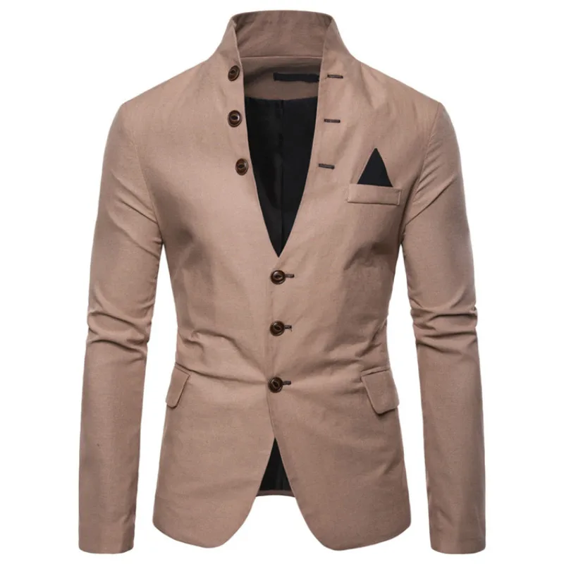 2020 Spring Men's Stand Collar Button Decoration Slim Fit Blazer / Male High Quality Casual Solid Color Suit Jacket Coat | Мужская