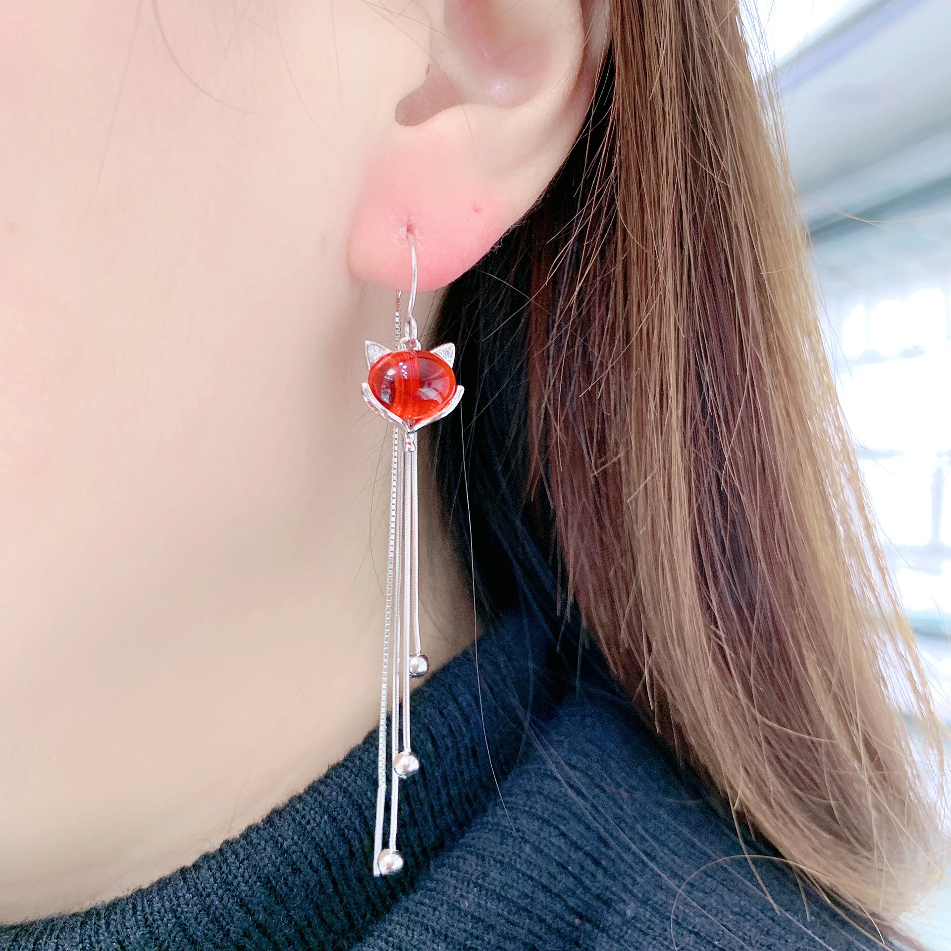 

Viwisfy Long Tassels Red Crystal 100% Real 925 Sterling Silver Drop Earrings For Women VW21353