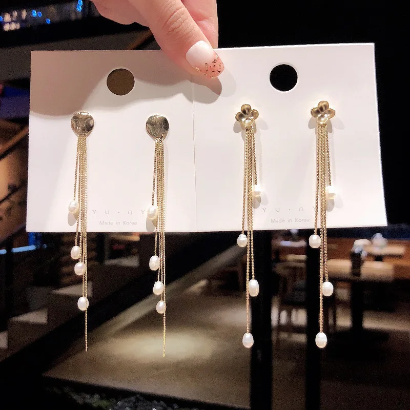 

925 Silvers Needle New Pearl Rhinestone Tassel Earrings Long Ear Studs Earrings