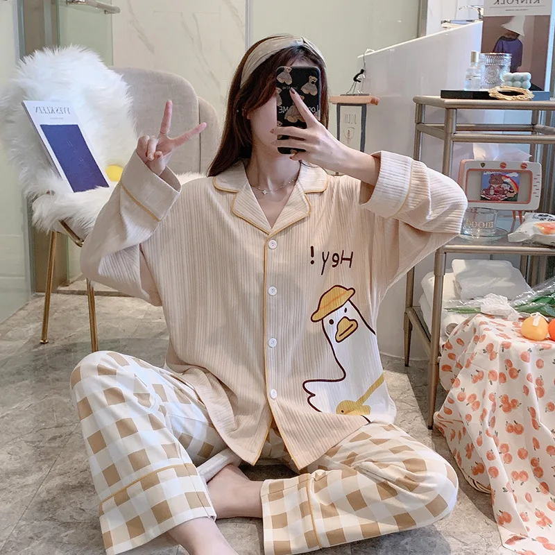 Sleepwear Women Cotton Thin Long Sleeve Pajamas Set Spring and Autumn Cotton Cute Plus Size Loose Home Clothes Schlafanzug