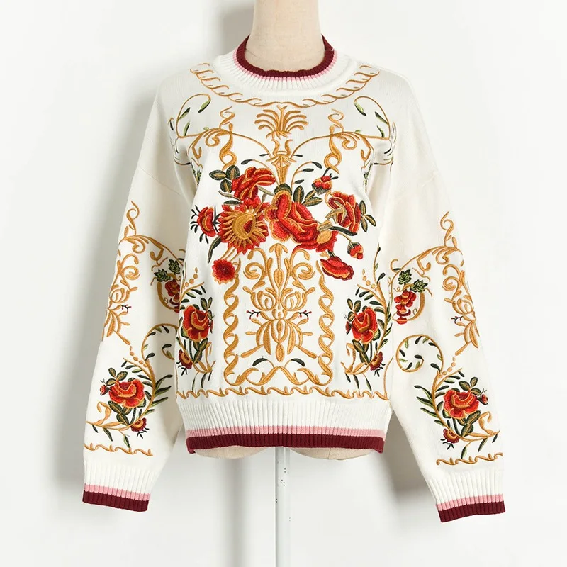 

Женский шерстяной джемпер с цветочной вышивкой, подиумный толстый вязаный пуловер, топы для осени и зимы