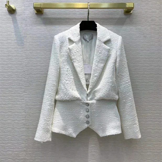 

Женская одежда в европейском и американском стиле новинка зима 2022 модное белое твидовое пальто с длинным рукавом и воротником-костюмом