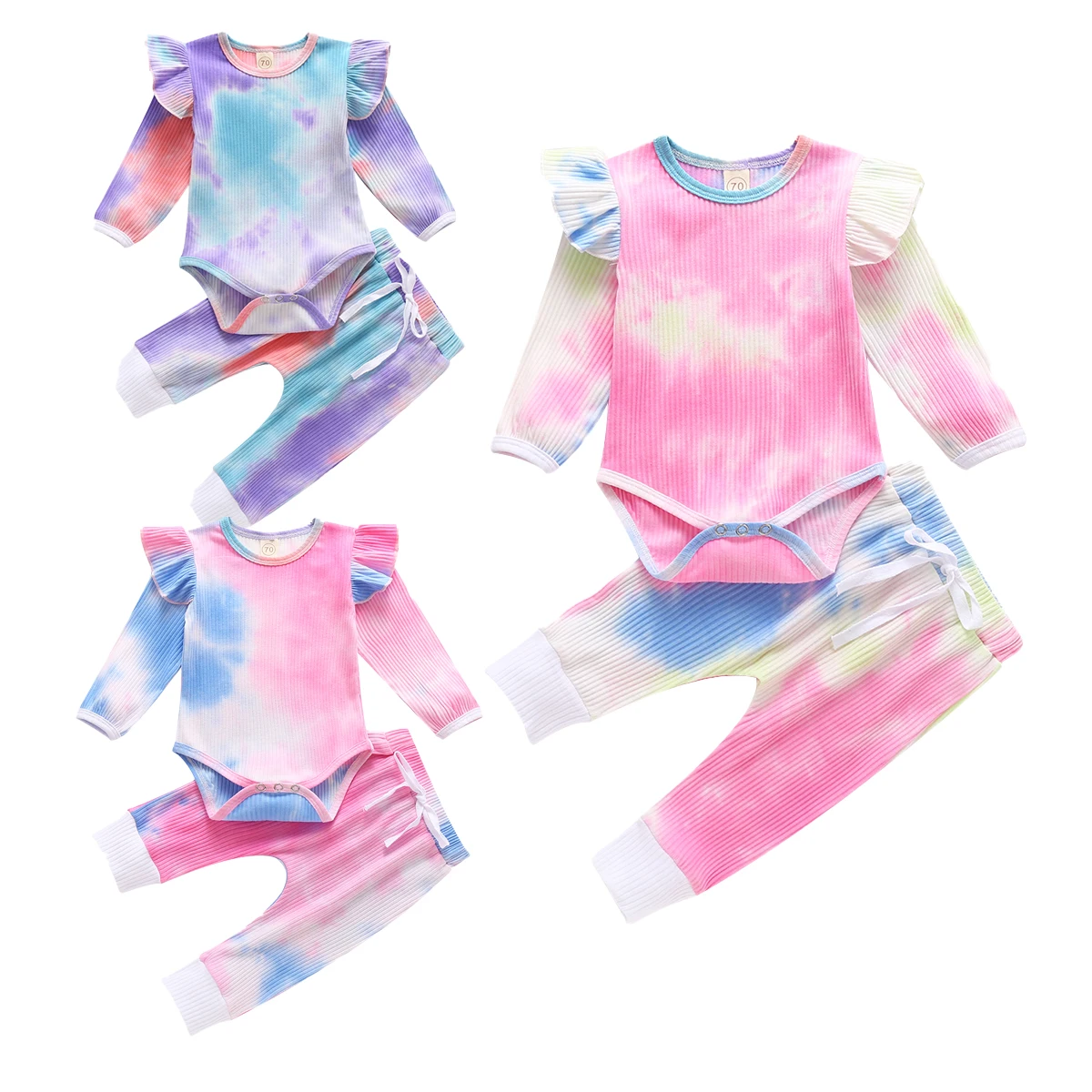 

Трикотажный костюм для девочек 0-24 мес., осенний комплект одежды для новорожденных, трикотажный топ с длинными рукавами и оборками и брюки на...