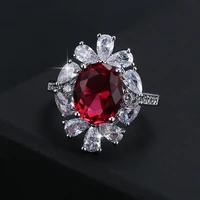 inlaid red zircon flower shape silver plated rings women rings stylish simple engagement rings birthday gift for girlfriend